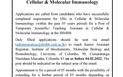 Post of Temporary Scientific/ Teaching Assistant Cellular & Molecular Immunology
