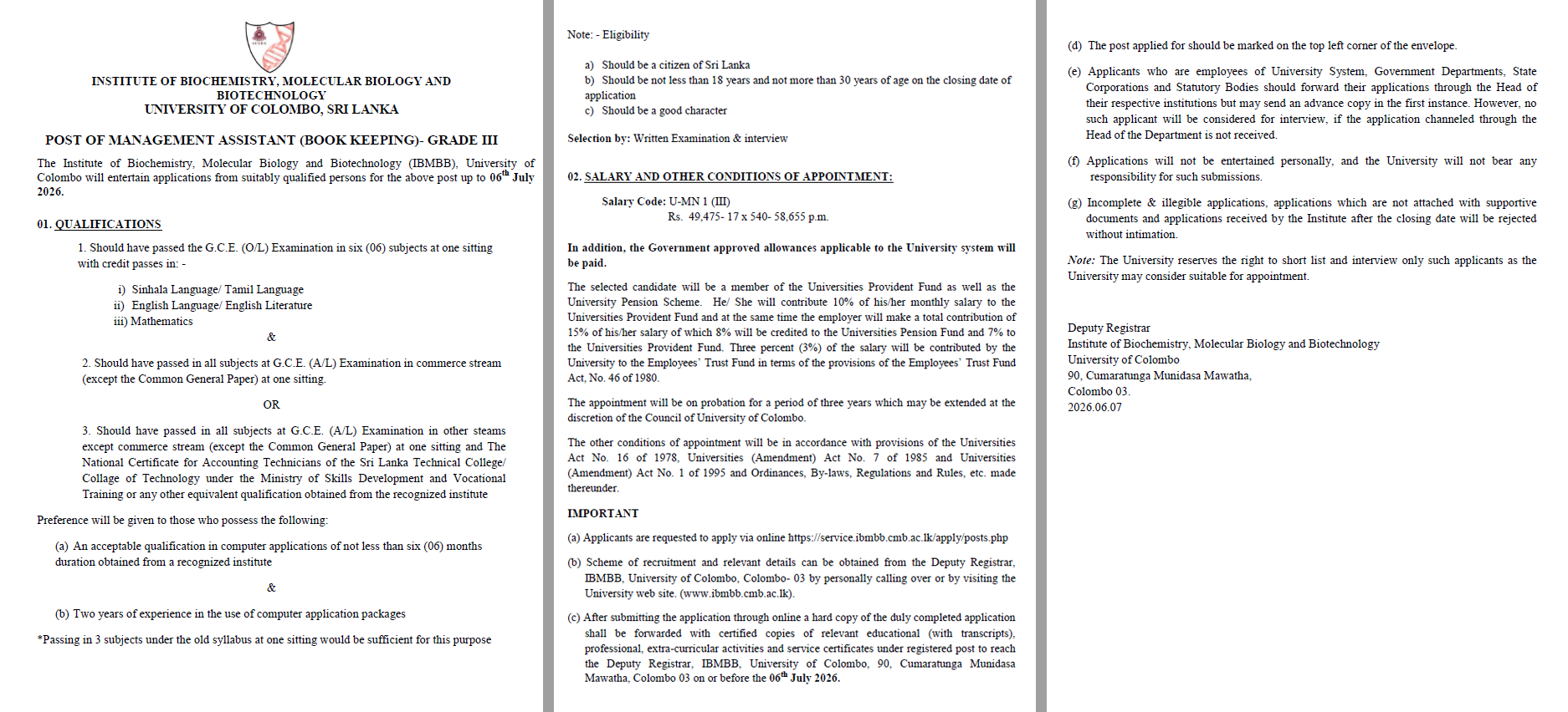 POST OF MANAGEMENT ASSISTANT (BOOK KEEPING)- GRADE III