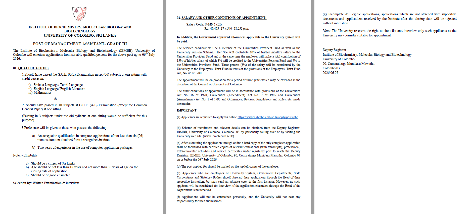 POST OF MANAGEMENT ASSISTANT- GRADE III