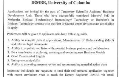 Post of Temporary Scientific Assistant (Business Development Unit)