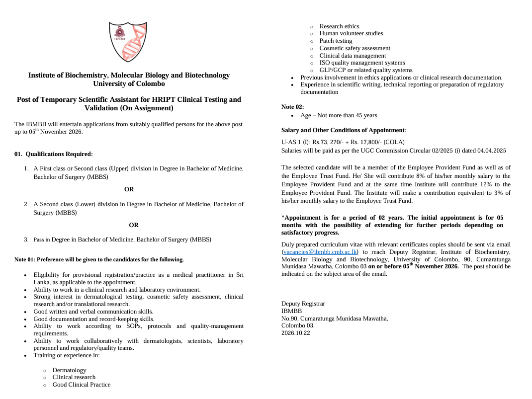 Post of Temporary Scientific Assistant for HRIPT Clinical Testing and  Validation (On Assignment)